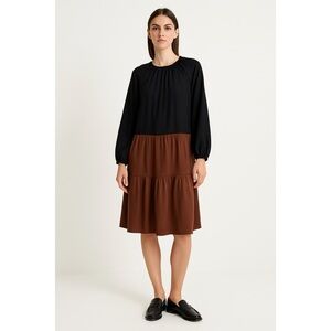 Noni Dress Women's Bust 38" Black Brown Faux Suede Leather Tiered Long Sleeve